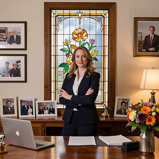Photograph of a confident woman in a black suit standing in a well-lit office with stained glass window, framed photos, and a flower vase on