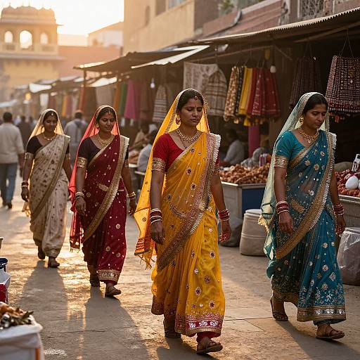Photograph of four Indian women in colorful saris walking on a sunlit, bustling market street with stalls and shops in the background.