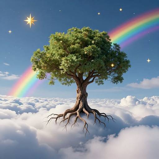 Photograph-style digital art of a tree with visible roots, standing on clouds, surrounded by a vibrant rainbow, starry blue sky, and shooting star