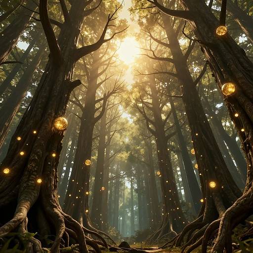 Photograph-like digital art of a mystical forest with sunlight filtering through tall trees, surrounded by glowing, orb-like fairy lights.
