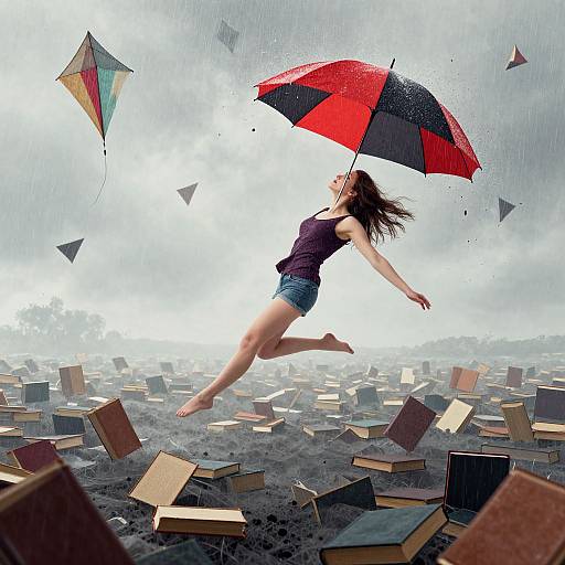 Photograph of a woman in a purple tank top and blue shorts, jumping joyfully while holding a red-black umbrella, amidst floating books and a colorful