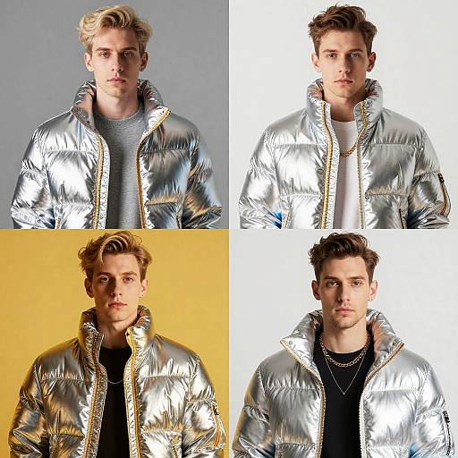 Photograph of a young white man with short, tousled blonde and brown hair, wearing a shiny silver puffer jacket with gold trim, against three