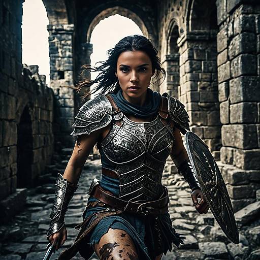 Battle-Worn Female Warrior in Ancient Castle