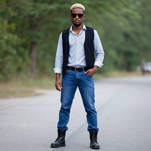 Photograph of a confident Black man with bleached hair, wearing dark sunglasses, striped shirt, black vest, blue jeans, and black boots, standing