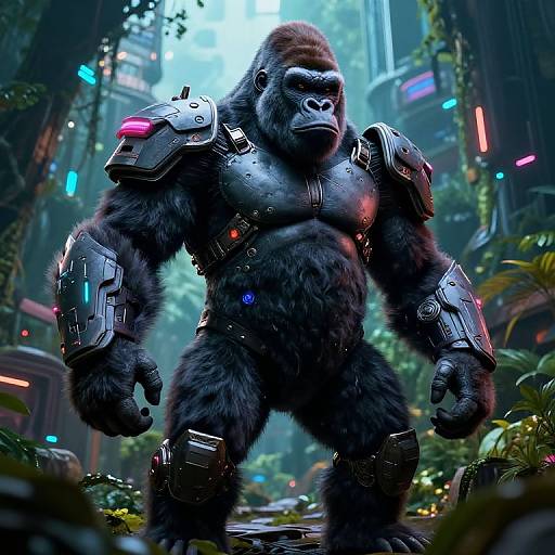 CGI image of a muscular, black-furred gorilla in futuristic, armored exoskeleton with glowing lights, standing in a vibrant, neon-l