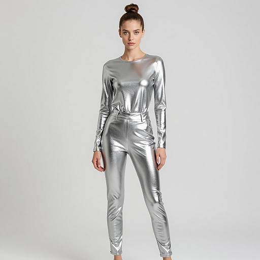 Woman in Silver Metallic Outfit