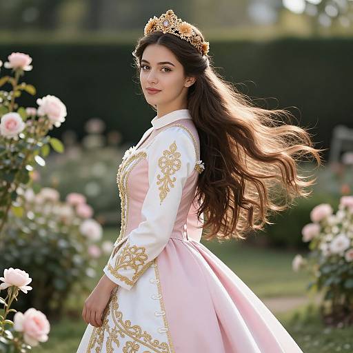Elegant Woman in Ornate Garden Attire