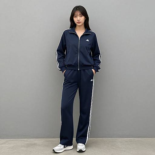 Photograph of an East Asian woman with long black hair, wearing a navy Adidas tracksuit and white sneakers, standing against a plain gray wall.
