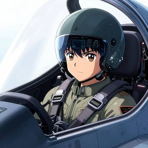 Digital anime-style drawing of a serious young pilot with black hair, amber eyes, green military uniform, and black helmet, seated in a cockpit.