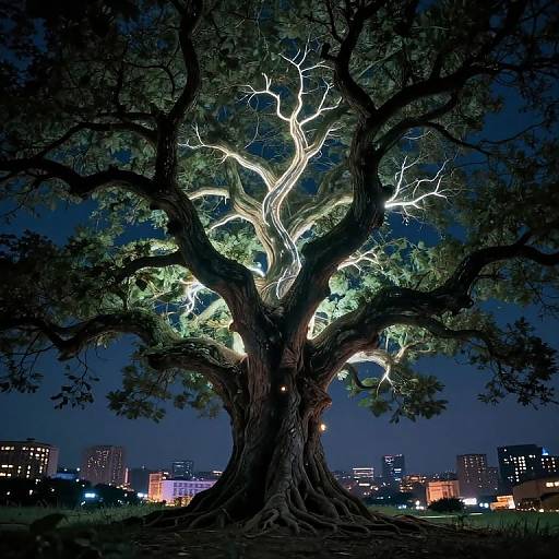Night photograph of a large, illuminated tree with glowing white lights in its branches, set against a dark sky and city skyline.