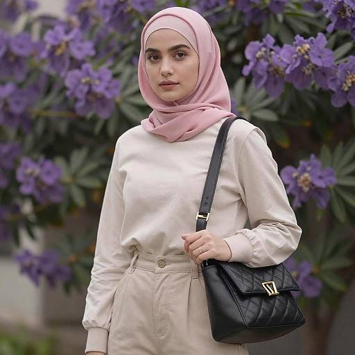 Young Woman in Pink Hijab and Beige Outfit