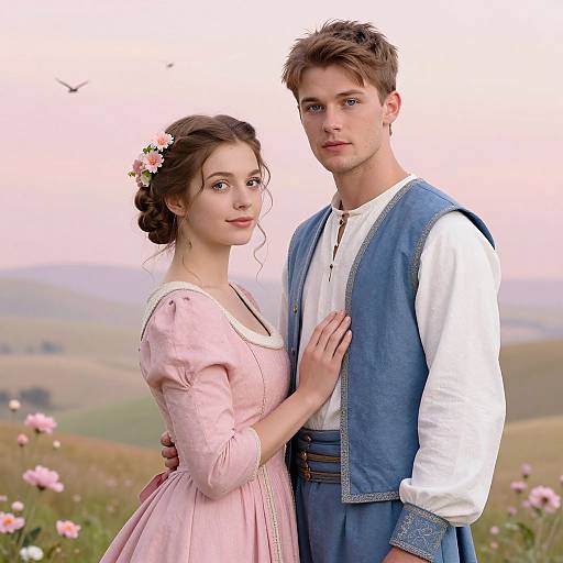 Photorealistic CGI of a young couple in medieval attire; she wears a pink dress, he a blue vest over white shirt, standing in a blo