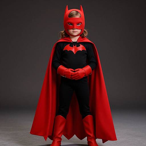 Photograph of a young child dressed as a Batman, wearing a red mask, cape, gloves, and suit, standing against a dark background.