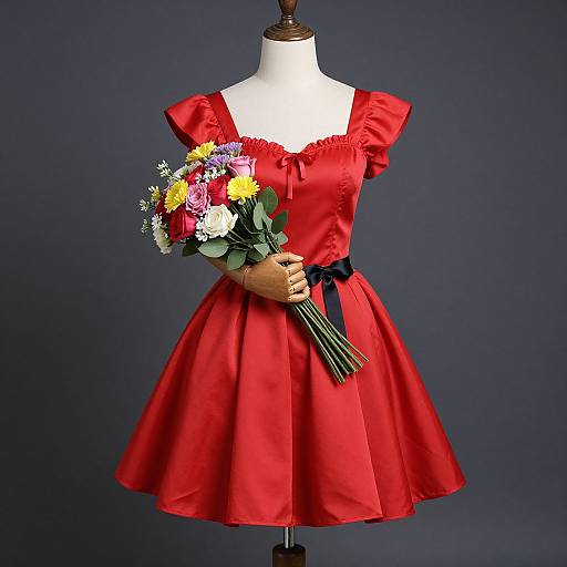 Woman in Red Dress with Floral Bouquet