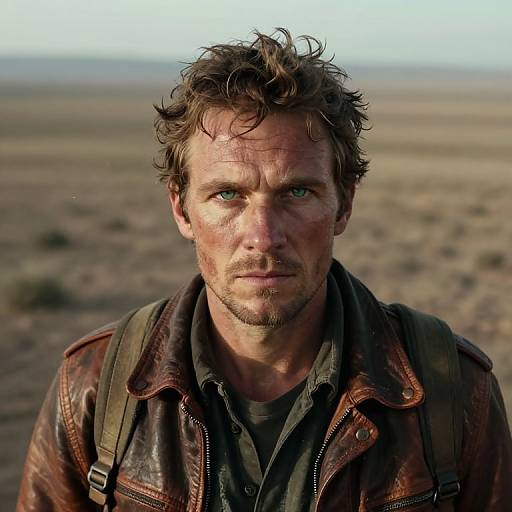 Photograph of a rugged, dirty, blue-eyed man with tousled brown hair, wearing a worn leather jacket and backpack, in a desert landscape.