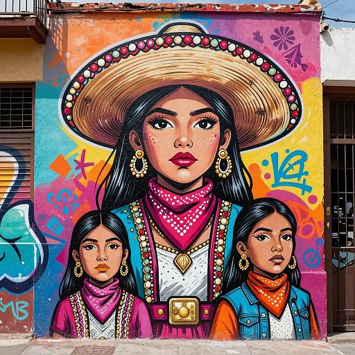 Vibrant mural of a Mexican woman in a wide-brimmed hat with two young girls, colorful graffiti background, traditional attire, bold colors,