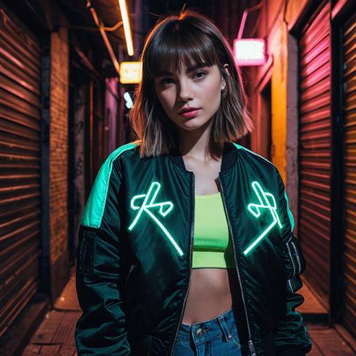 Woman with Side Swept Bangs in Neon Bomber Jacket