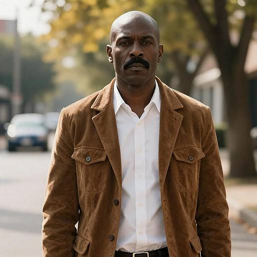 Serious Tall Man in Sunny Street Scene