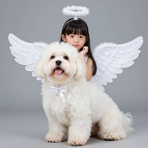 Photograph of an adorable fluffy white dog with angel wings and halo, sitting in front of a young Asian girl with black hair and angel wings, against