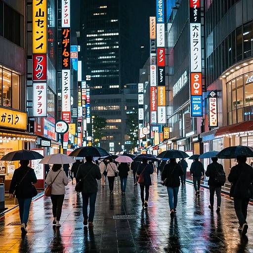 Photograph of a bustling, rainy night in a vibrant Japanese city street, with silhouetted pedestrians holding umbrellas, surrounded by colorful neon signs