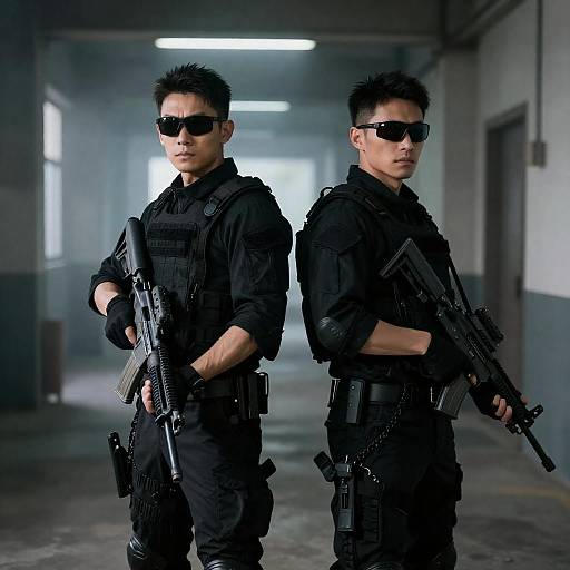 Tactical Duo in Dim Industrial Setting