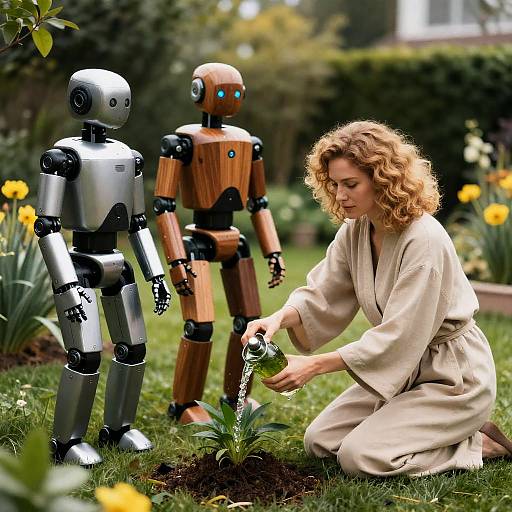 Futuristic Garden Scene with Woman and Robots