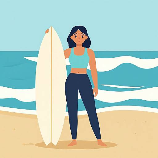 Digital illustration of a woman with blue hair, wearing a light blue crop top and dark blue pants, holding a white surfboard on a beach with blue