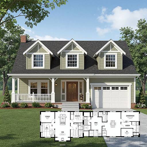 Digital rendering of a two-story colonial-style house with green siding, white trim, dark roof, front porch, garage, and detailed floor plan overlay.