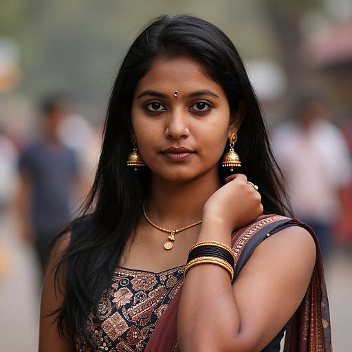 Photograph of a young Indian woman with long black hair, wearing traditional gold jewelry, a patterned black and gold saree, standing in a blurred