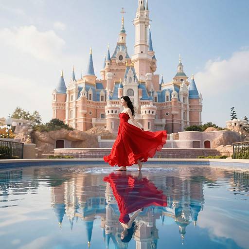 Photograph of a woman with long black hair, wearing a flowing red dress, standing on a reflective pool in front of a fairytale castle with