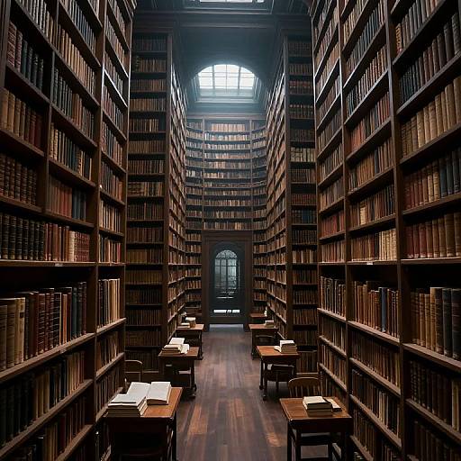 Photograph of a dimly lit, grand library with towering wooden bookshelves on both sides, narrow aisle, wooden desks with papers, and a