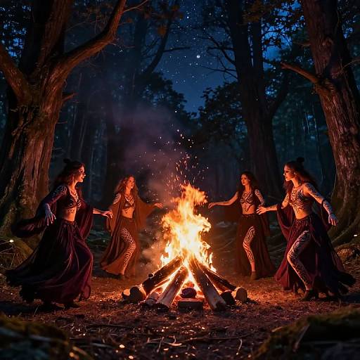 Witches Dancing Around Fire in Mystical Forest