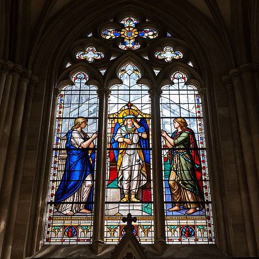 Vibrant stained glass window depicting biblical scene with three figures, including a central figure in white and blue, surrounded by detailed colorful glasswork in a
