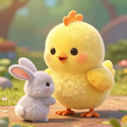 Digital CGI artwork of a cute, fluffy yellow chick with orange beak and feet standing beside a white bunny with pink ears in a sunny, blurred forest