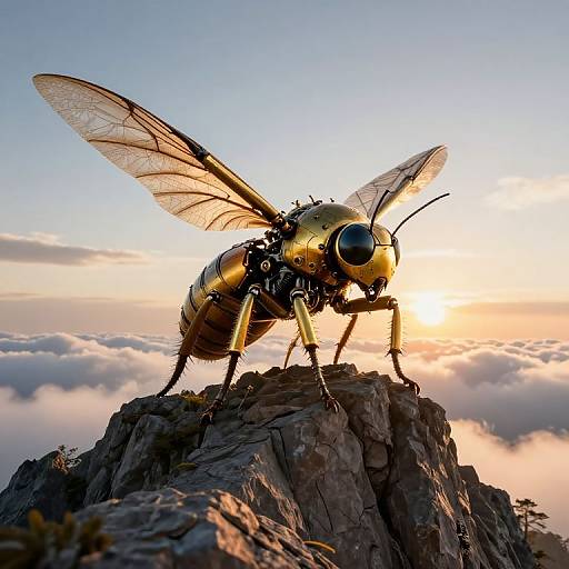 Photograph of a giant, metallic, gold and black fly with transparent wings, standing on a rocky peak at sunrise, with clouds below.