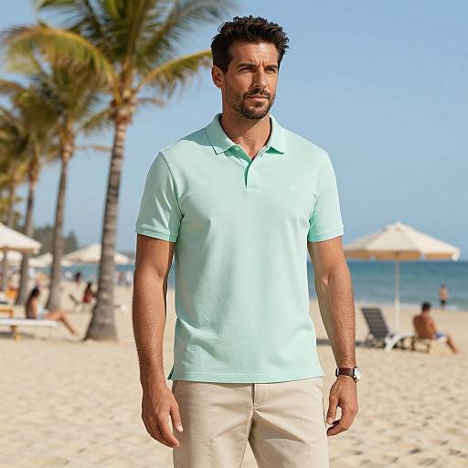 Photograph of a handsome, bearded man with short dark hair, wearing a light blue polo shirt and beige pants, standing on a sunny beach with