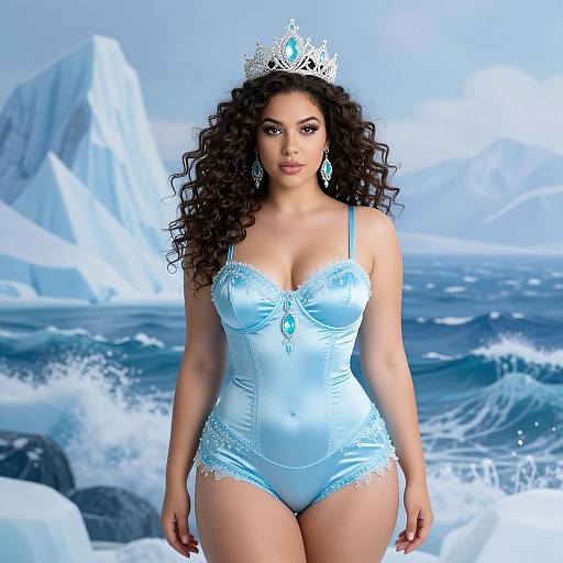 Photorealistic digital image of a curvy, dark-haired woman with curly hair, wearing a light blue lace corset, tiara, and dangling
