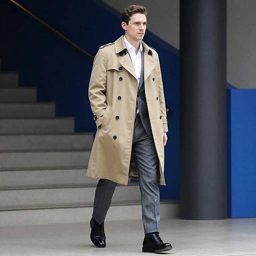 Man Walking Indoors in Trench Coat and Suit