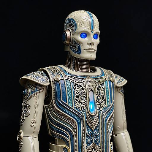 Photorealistic CGI of a sleek, blue-eyed, silver humanoid robot with intricate blue and white ornate armor against a black background.