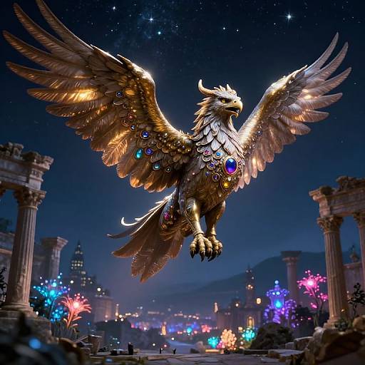 Digital art of a golden, winged griffin with jeweled feathers flying over a magical, nighttime cityscape with colorful lights and ancient ruins.