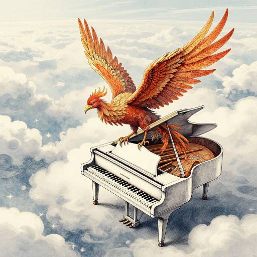 Digital illustration of a vibrant red and orange phoenix with outstretched wings playing a grand piano floating on fluffy clouds.