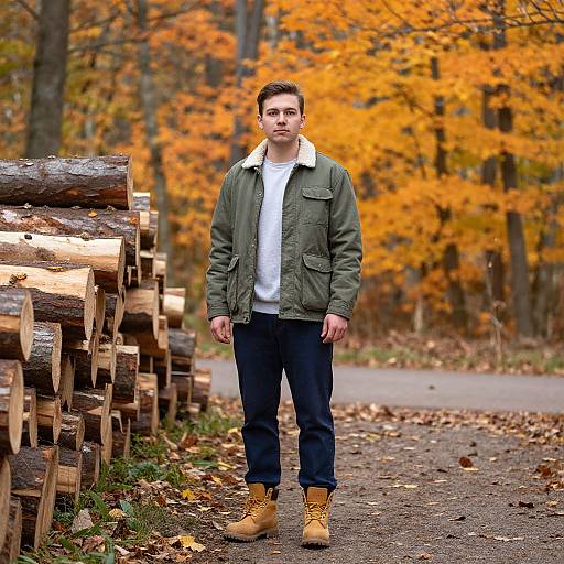 Photograph of a man with short black hair, green jacket, white shirt, blue jeans, and tan boots, standing on a leafy autumn path