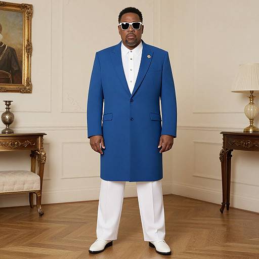 Photograph of a Black man with dark skin, short hair, wearing a blue knee-length coat, white shirt, white pants, white shoes, and