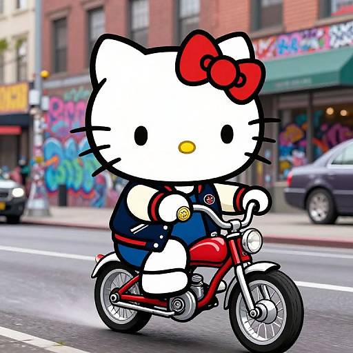 Digital cartoon of Hello Kitty in a blue outfit and red bow, riding a red motorcycle on a graffiti-covered urban street.