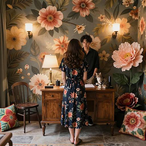 Woman in Floral Dress Facing Man in Flowered Room