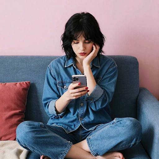 Young Woman on Blue Couch, Pink Wall