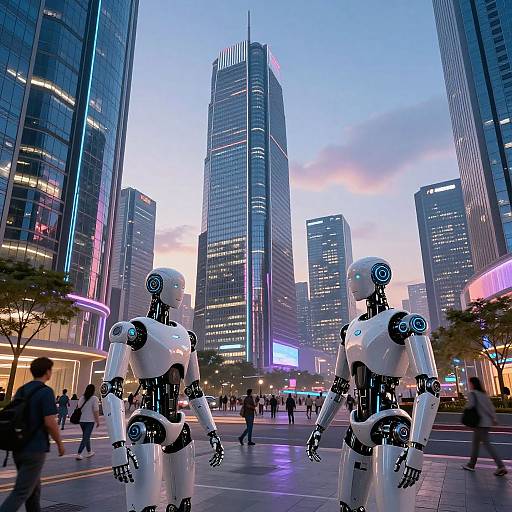 Futuristic Cityscape with Humanoid Robots