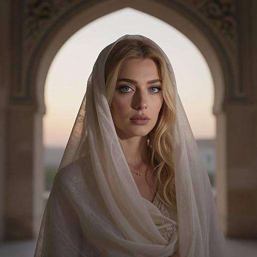 Photograph of a blonde woman with blue eyes, wearing a sheer white veil, standing in an archway with blurred sunset background.