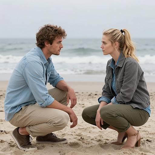 Photograph of a man and woman kneeling on a sandy beach, facing each other, wearing denim shirts and olive pants, with ocean waves in the background