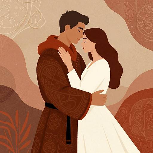 Digital illustration of a dark-haired man in a brown patterned robe kissing a fair-skinned woman with brown hair in a white dress, against a warm